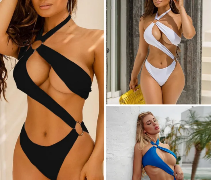 Hang neck Swimsuit Open Sexy Girl Full Swimsuit Photo Swimwear Short Sleeve Swimsuit