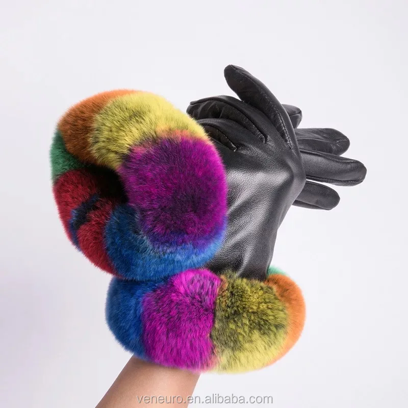 New fashion sheepskin leather women full finger rex rabbit fur winter warm gloves touch screen mittens
