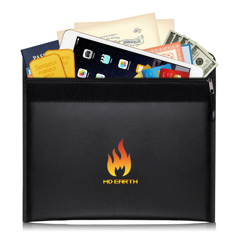 28*38cm In Stock File Holder Waterproof Black Fiberglass Fabric Fireguard Large Capacity Documents Fireproof Bag