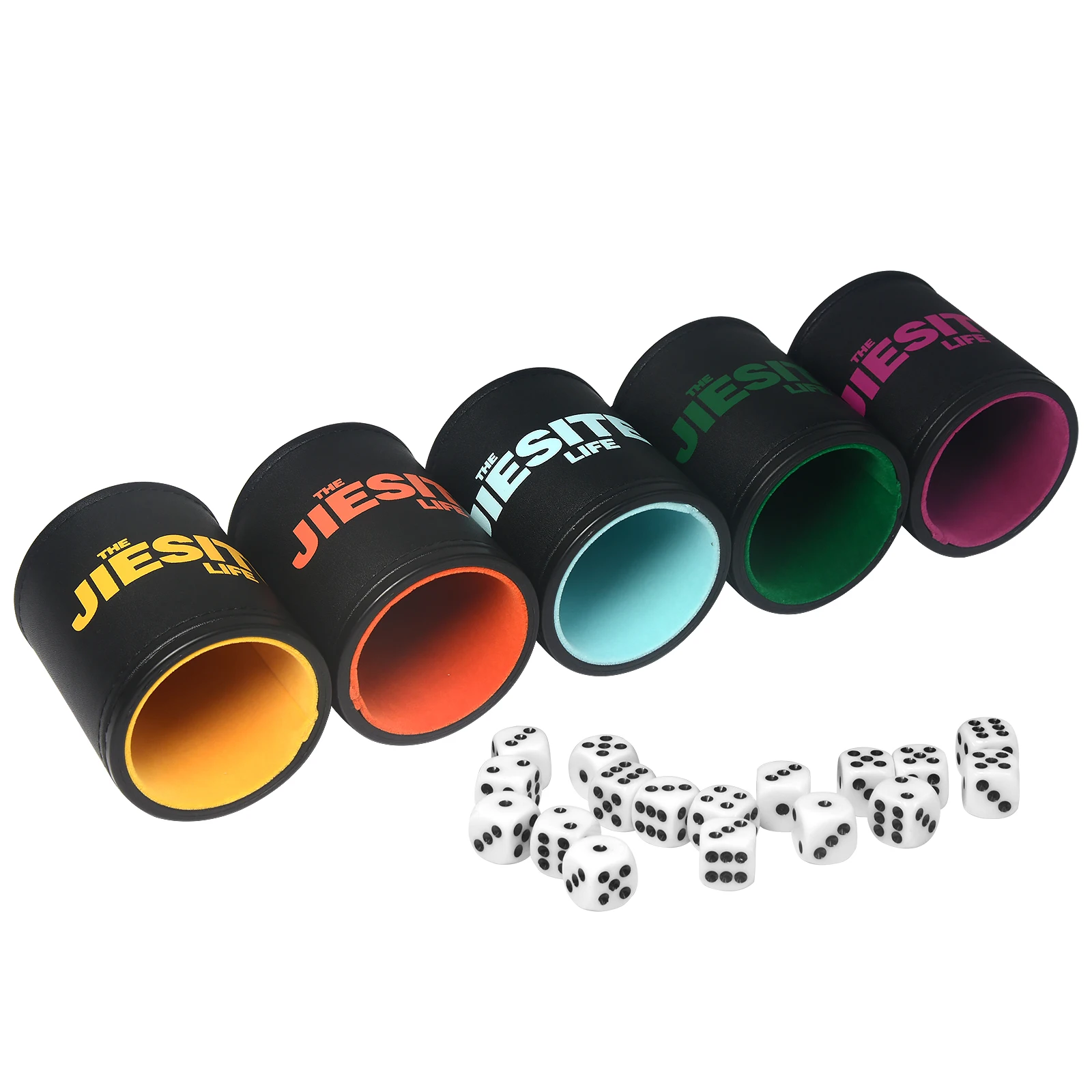 Felt Lined Quiet Dice Cup Set with 6 Acrylic Dices Multi Color Leather Dice Cup for Board Games