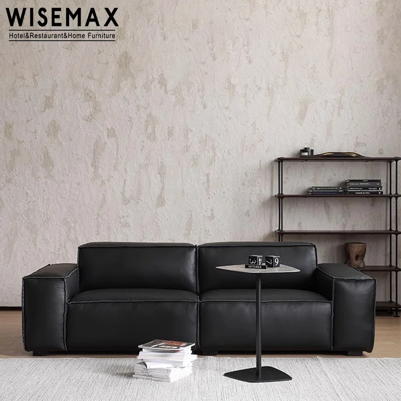 WISEMAX FURNITURE Italian Minimalist sofa sets pine wood down filled genuine leather living room modular couch 4 seats for villa