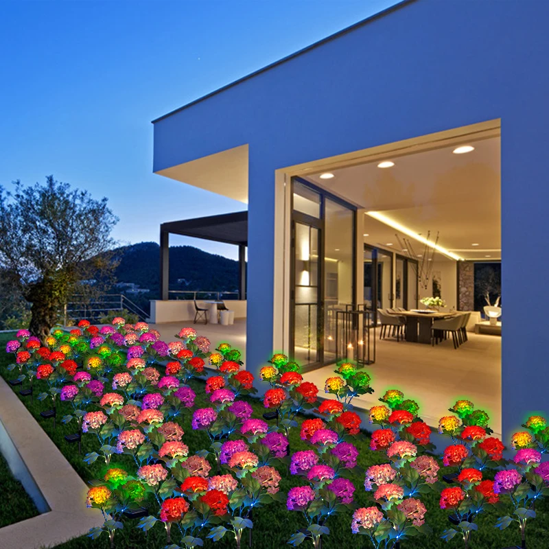 Led solar outdoor colorful decoration hydrangea light garden lawn landscape light plastic flowers artificial flowers light