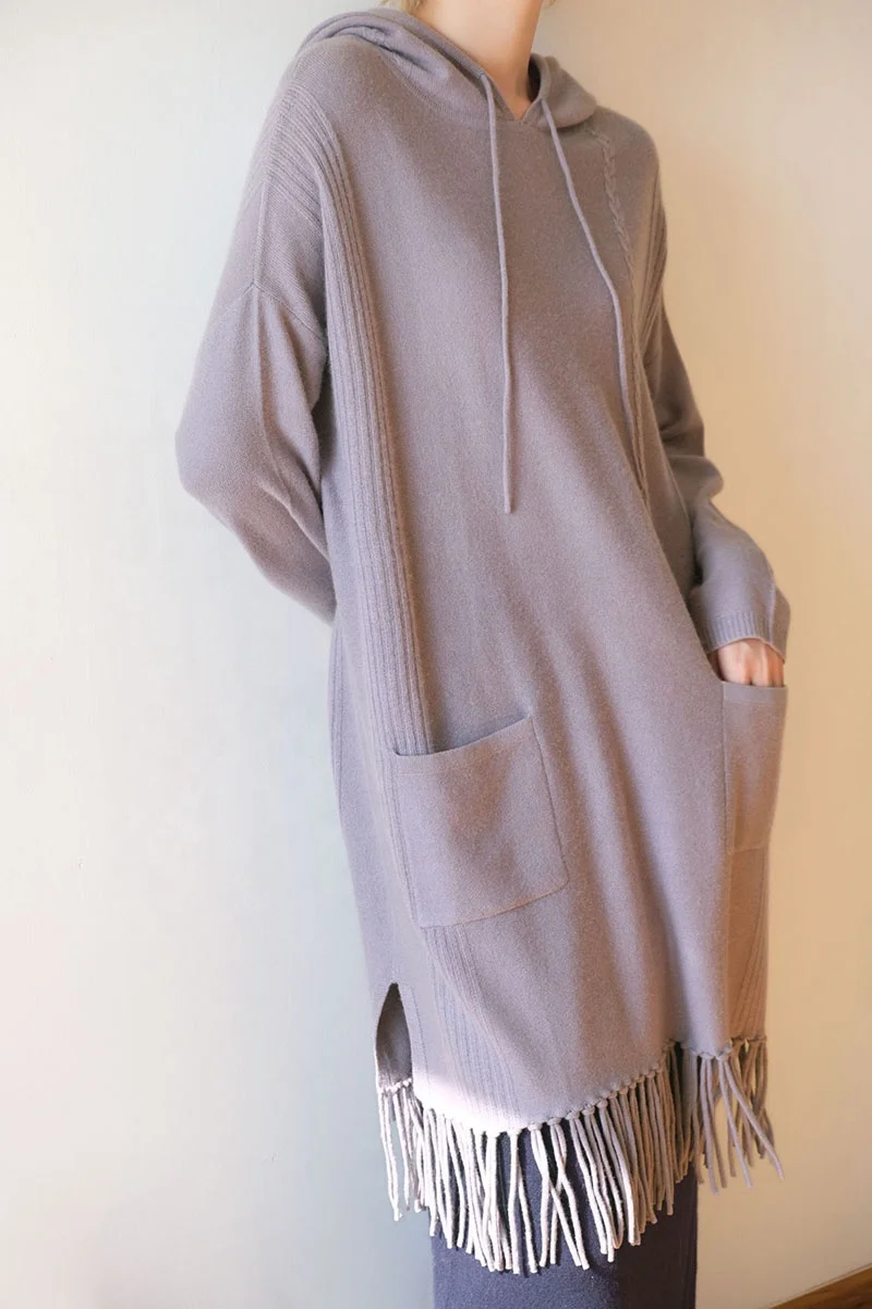 Women Casual Boho Sweater Long Sleeve Hooded Cashmere Merino Wool Dress Women With Tassels and Pockets