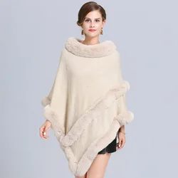 Winter Ponchos And Capes latest fashion faux fur trimmed hooded knitted Poncho Sweater poncho for women
