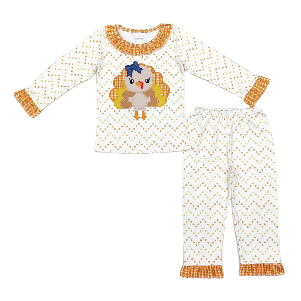 Fashion Baby Girls Turkey Yellow Orange Polka Dot Plaid Lace White Long Sleeve Pajama Set Wholesale Boutique Children Clothing