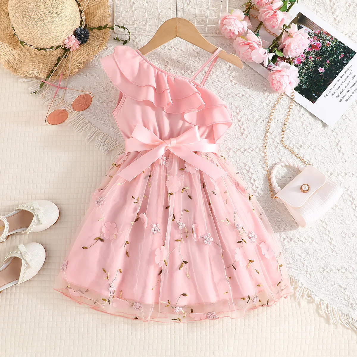 2025 Summer Boutique Beautiful Kids Clothing One Shoulder Lace Flower Princess Girls Dresses