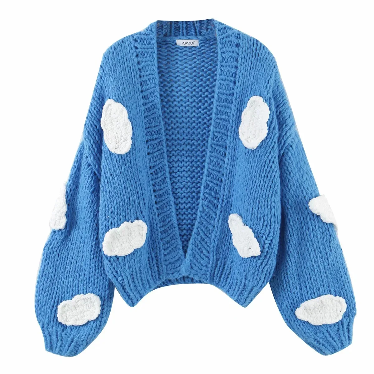 Hand Knit Oversized  Cloud Embroidery Casual Cardigan acrylic cotton made long sleeve floral handmade women sweater winter