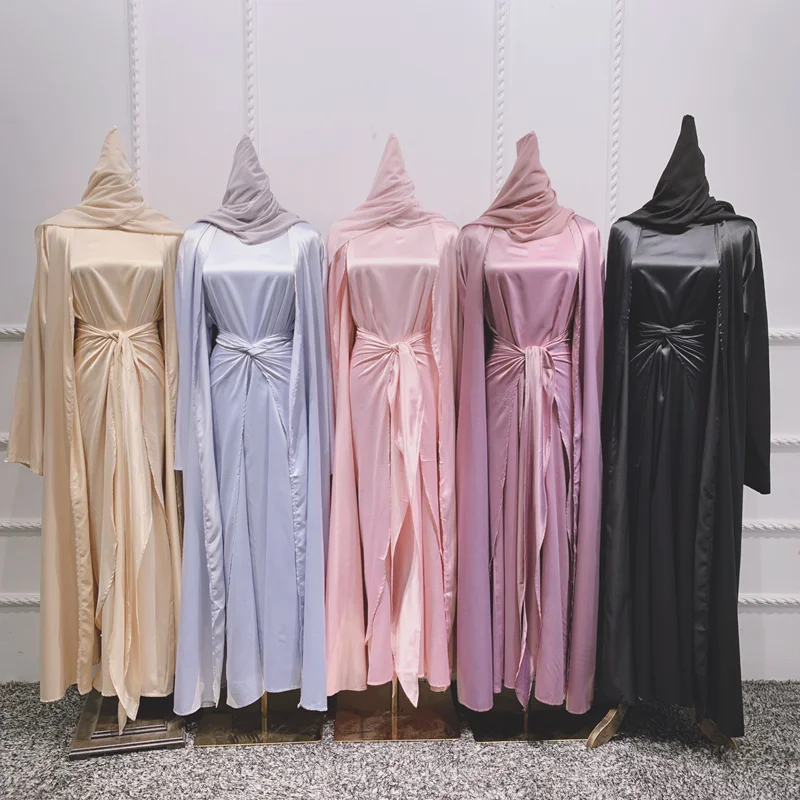 Hot Selling Dubai Abaya Pink Color Muslim Dress Open Abaya Satin Fabric 3 PCS Set  Abaya