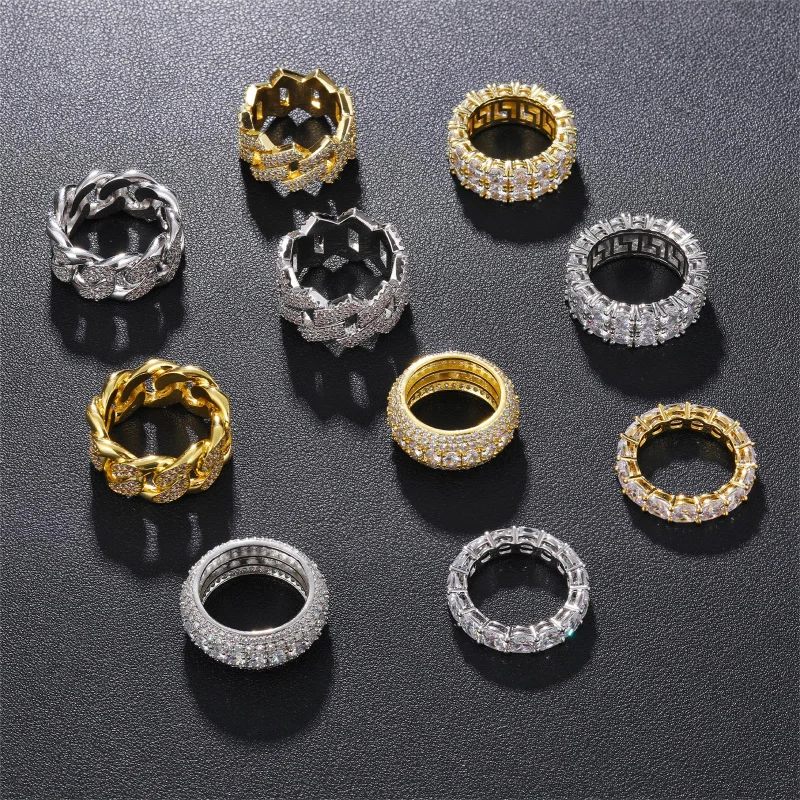 Fine Jewelry Iced Out Hip Hop Cuban Link Ring Gold Plated 925 Sterling Silver VVS Moissanite Diamond Finger Band Ring For Men