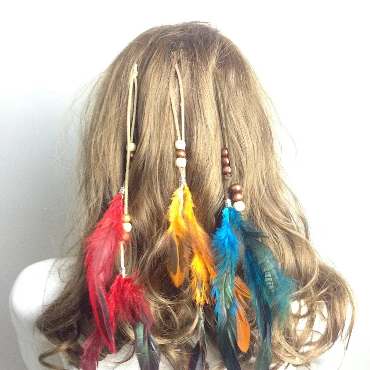 Hot Women Feather Tassel Headband Headdress Tribal Hair Rope Headpieces Hippie Party Fashion Headwear Indian Chicken Hair Clips
