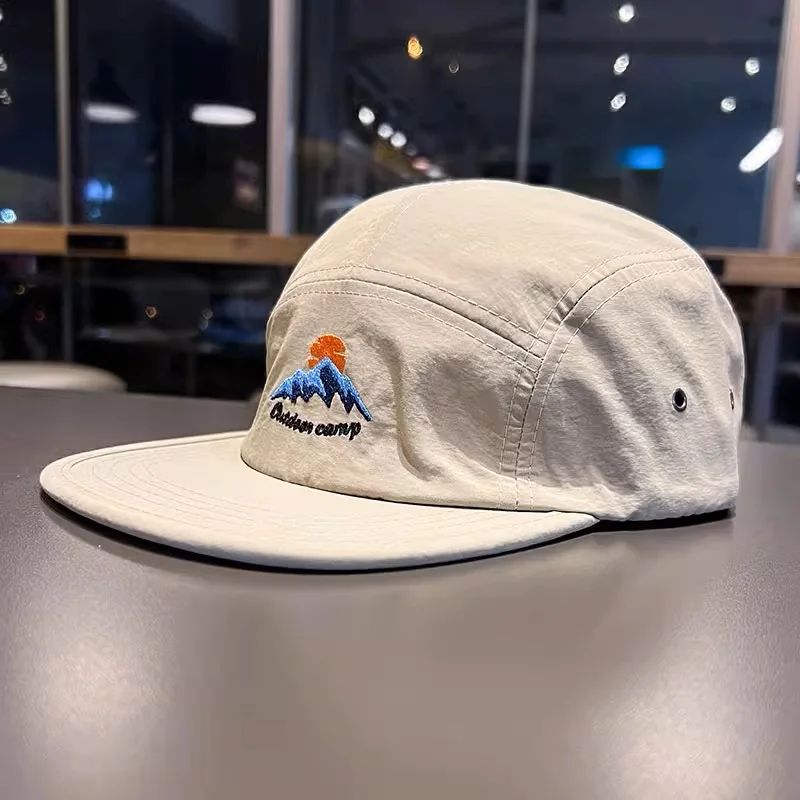 Unstructured Quick Dry Cap Nylon Lightweight Breathable 5 Panel Hat Flat Brim Embroidered Camp Cap Running Hat With Custom Logo