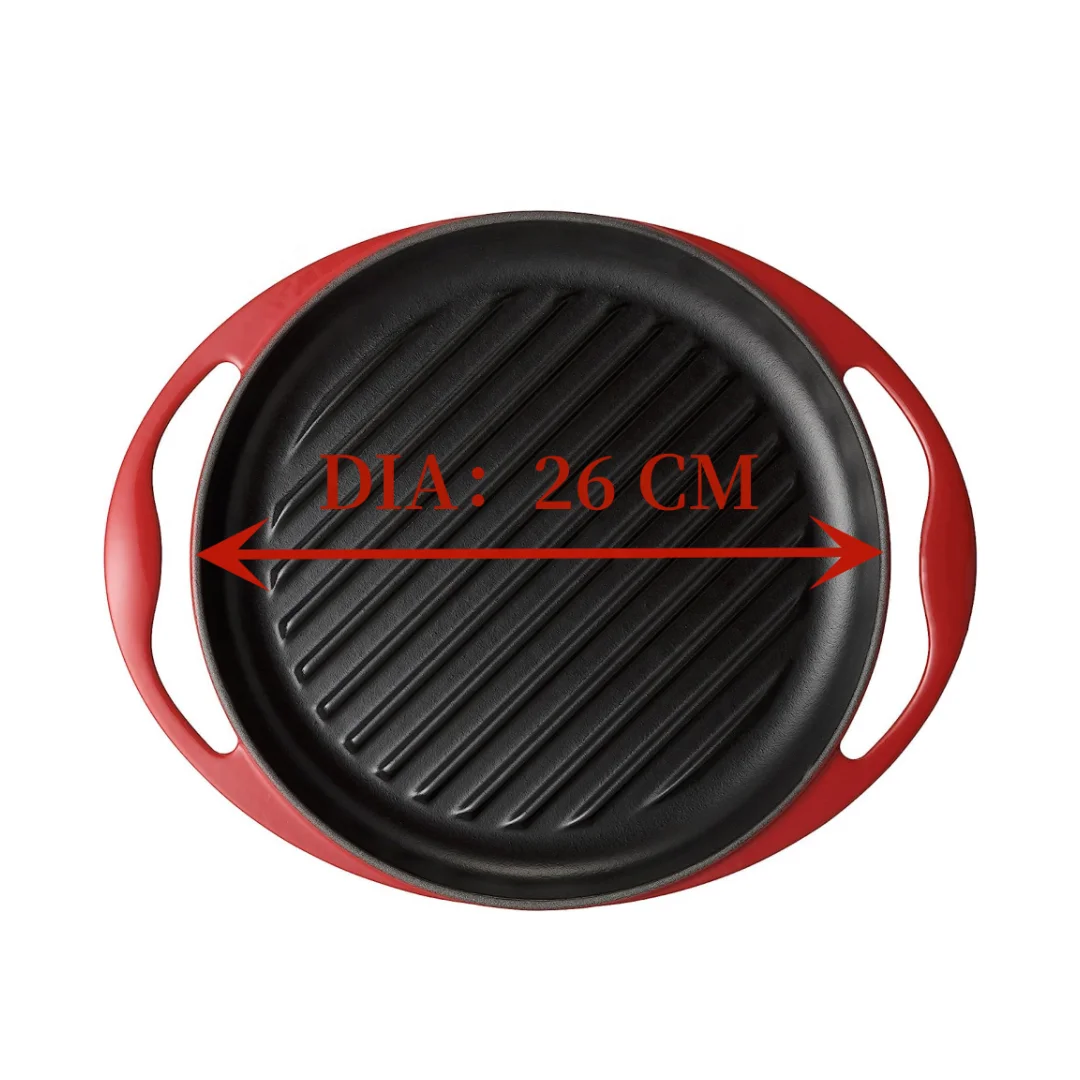 kitchen non stick enameled cast iron stove top round bbq griddle plate grill pan with two handles