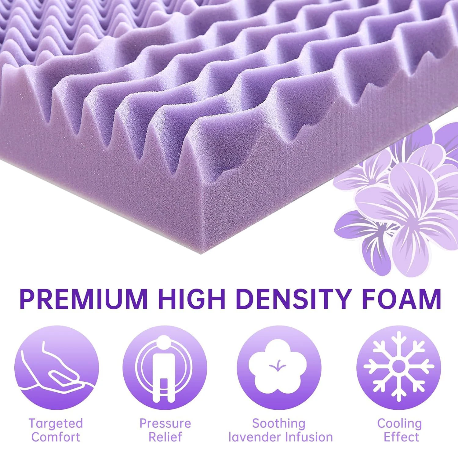 3 Inch 7-Zone Queen Size Lavender Mattress Topper Single Egg Crate Foam with Cooling Gel Infused Cotton & Fabric Mattress Pad