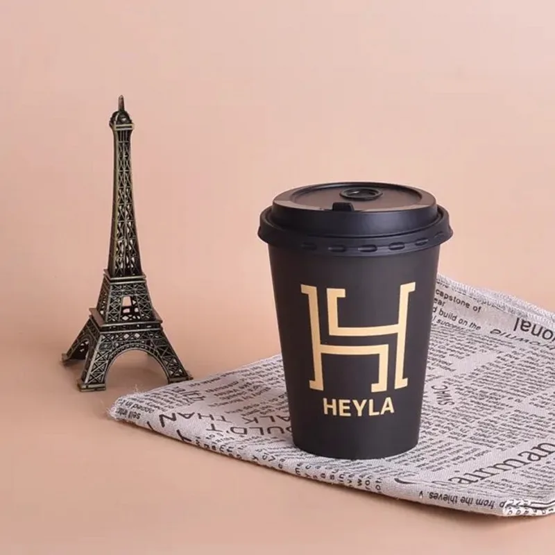 Factory Customize 8oz/12oz/16oz black hot drink paper cup single wall disposable paper coffee to go cup with Lid