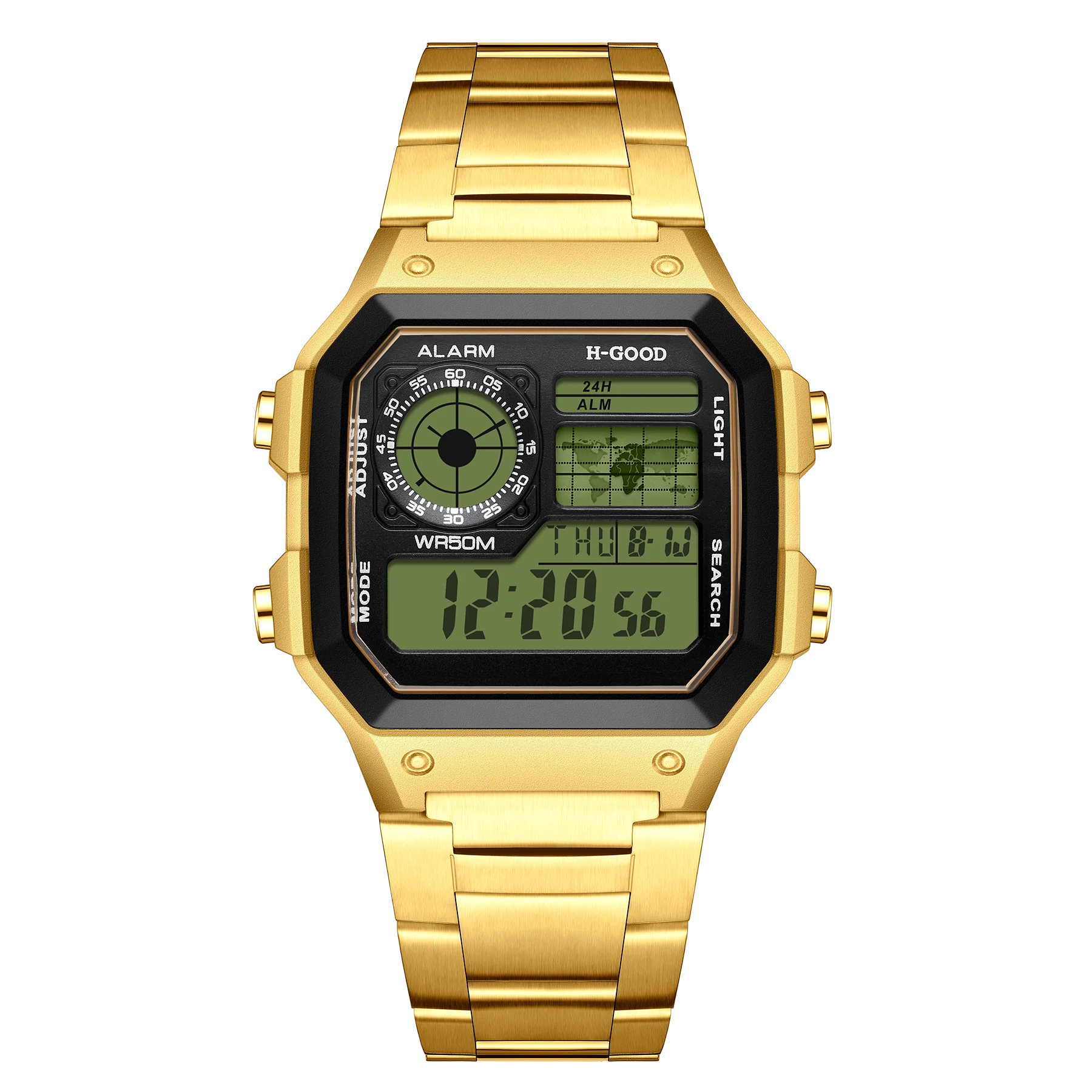 H-GOOD TK-0020 Custom Lcd Display Metal Digital Watch Rectangle World Time Map Square Electronic Wrist Watch