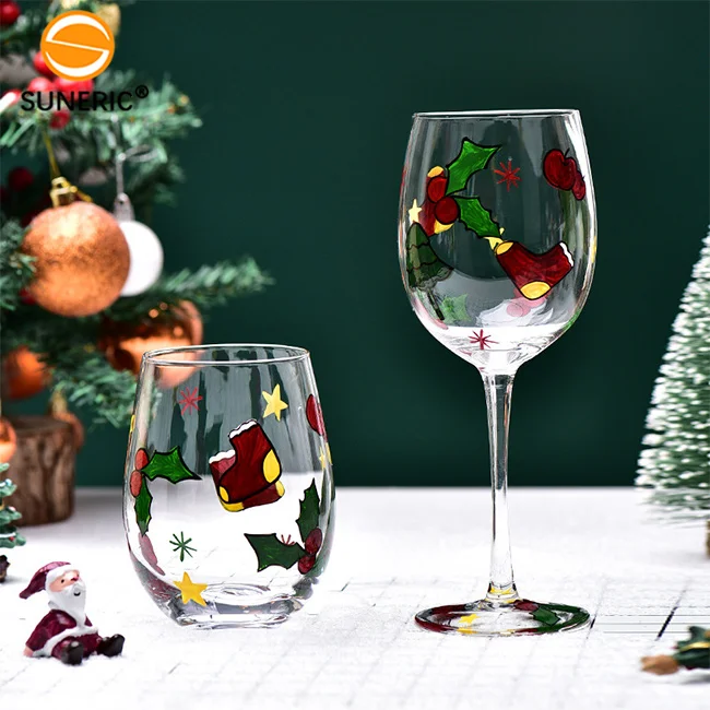 Hand Painted Christmas Vintage Goblet Wine Glass Cup Luxury Crystal Stemless Wine Glasses For Wholesale