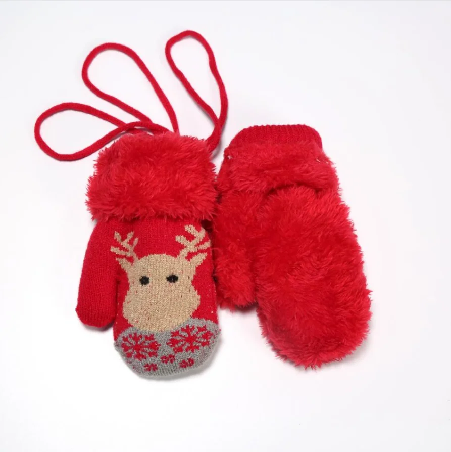 Factory direct sales  winter outdoor children  mittens Fleece lining  cute cartoon elk  knitting Thick and warm  newborn gloves