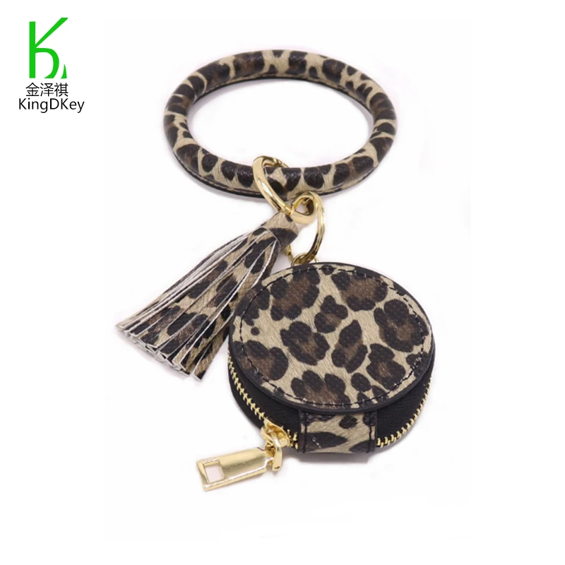 Creative Portable Cosmetic Bag Leopard Printed Keychain clasp Leather Mirror Makeup Case Keytag Leather Charm Bracelet Keyring