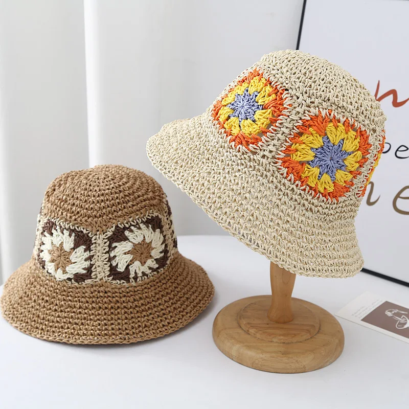 BESTELLA Summer Female Joker Sun Hat Sunscreen Bucket Cap with Red Woven Flower Straw for Beach and Fishing Boho