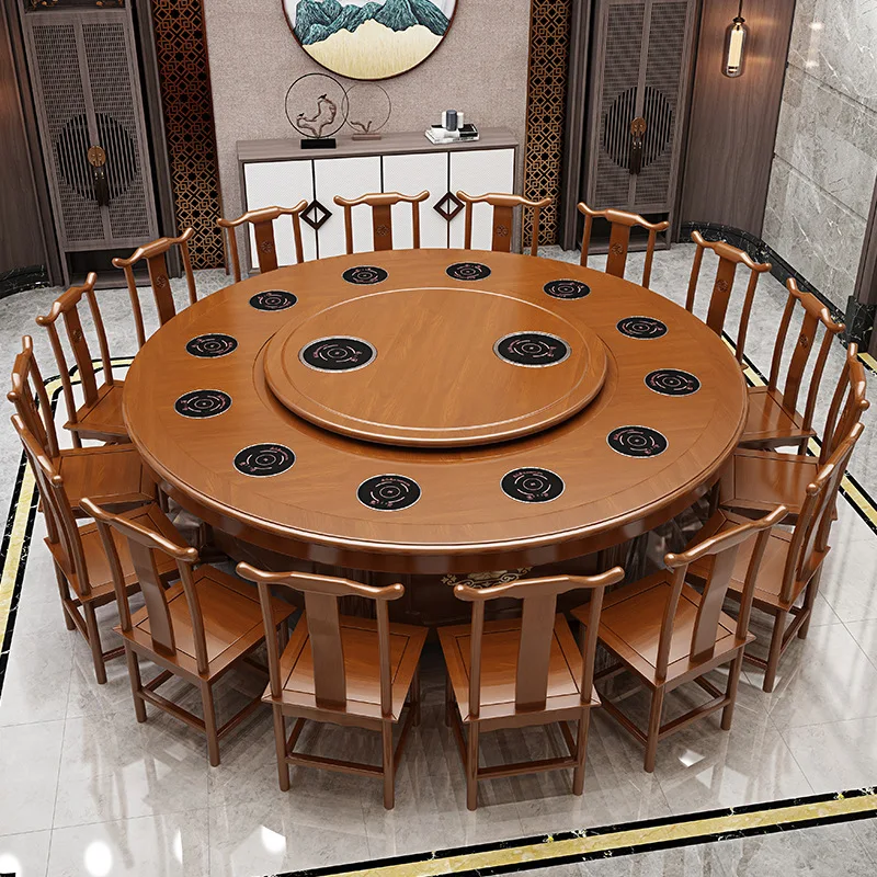 Hotel Electric Dining Table Large round Table 20 People Solid Wood Restaurant Club Hot Pot Table