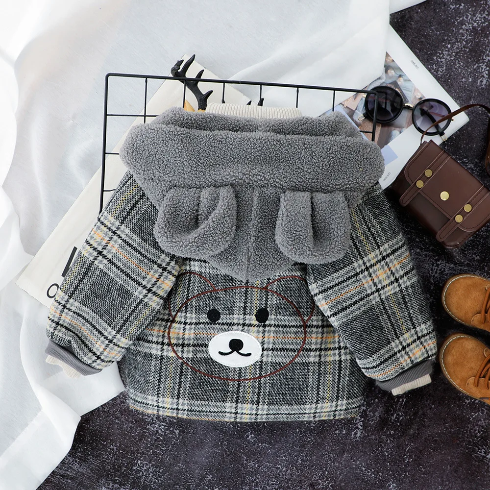 
Fashion toddler boy thick plaid winter outerwear baby coat with fleece hat 