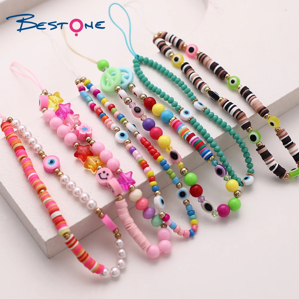 BESTONE 2022 Fashion Jewelry Beaded Rainbow Polymer Clay Acrylic Evil Eye Mobile Phone Chains Jewelry Accessories