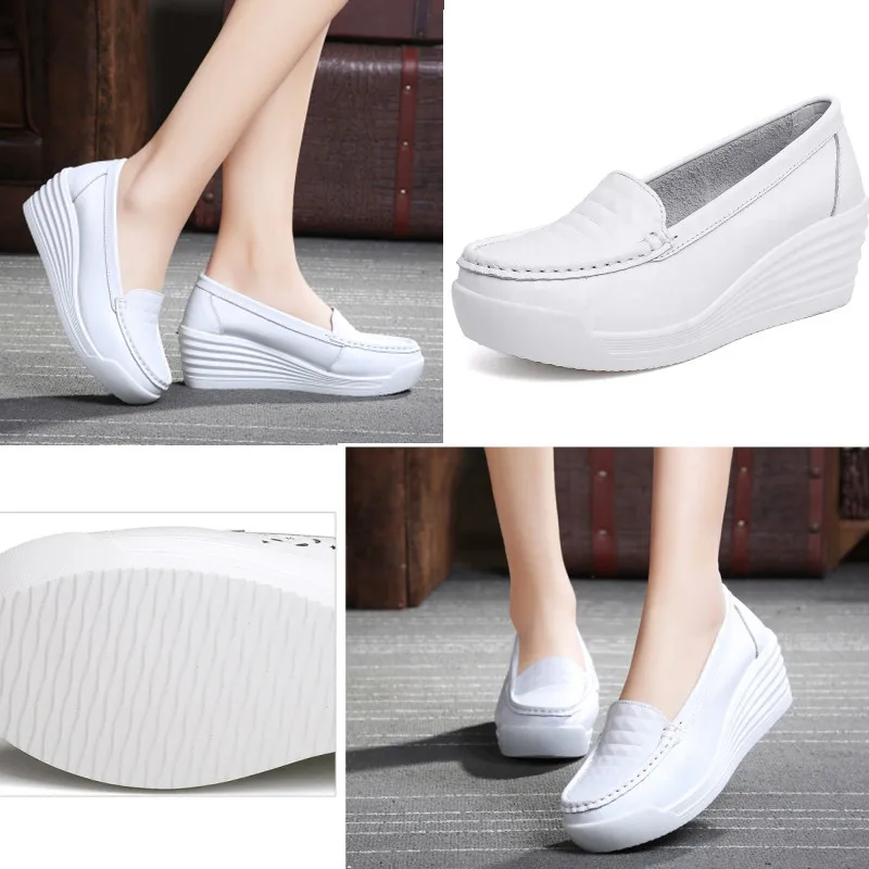 Genuine cow leather ladies casual shoes nurse shoe high heel shoes for women