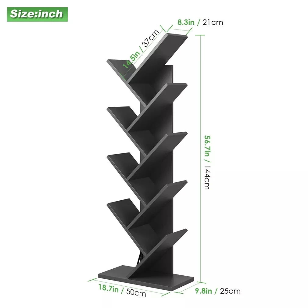 9 Shelf Tree Bookshelf Book Rack Bookcase Display Storage Furniture Organizer Freestanding Bookshelves For Cds Movies & Books