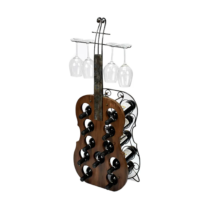 Cello Shape 11 Bottles Decorative Metal Wine Glass Rack Wooden Wine Bottle Holder Wine Display Rack