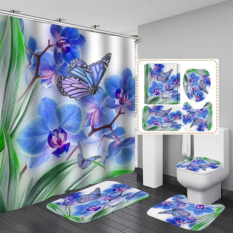 Spring Pink Purple Floral Waterproof Fabric Shower Curtain Set with 3 Bathroom Mats