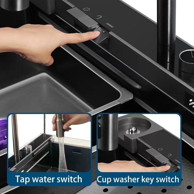 Kitchen Sink Single Bowl Handmade Sink Anti-Scratch Waterfall Faucet with Cup Washer and Digital Display