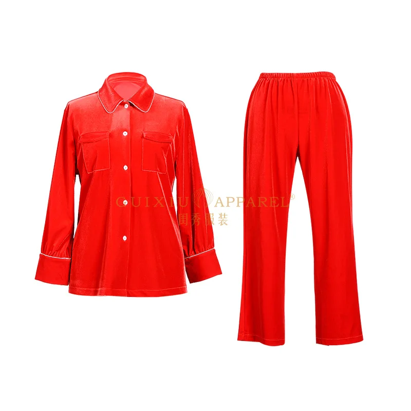 Custom Logo Winter 2 piece set Canary velvet fabric Christmas pajamas red color pleuche  christmas pyjama set