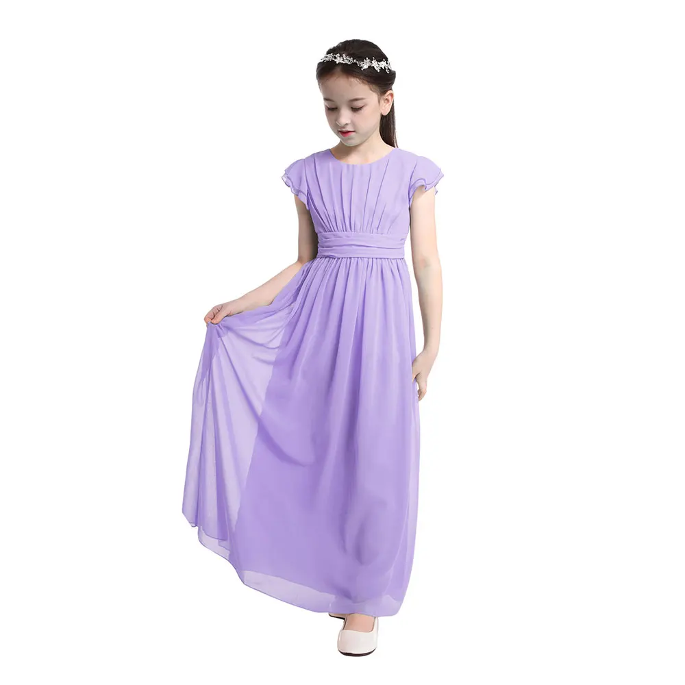 
Girls Chiffon Flutter Sleeves Princess Pageant Wedding Bridesmaid Birthday Party Long Dress 