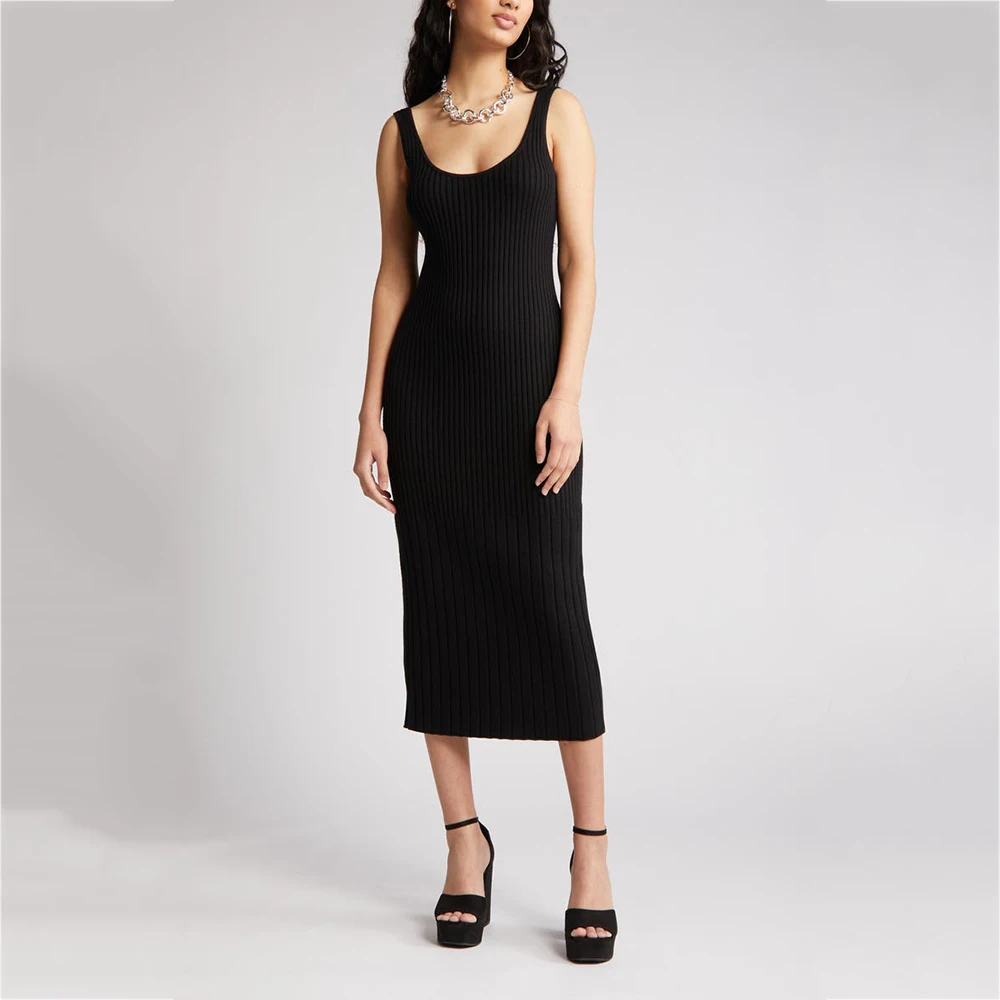 Custom knit dress ladies knitwear solid ribbed knit maxi bodycon long dress sleeveless casual women knit sweater dress