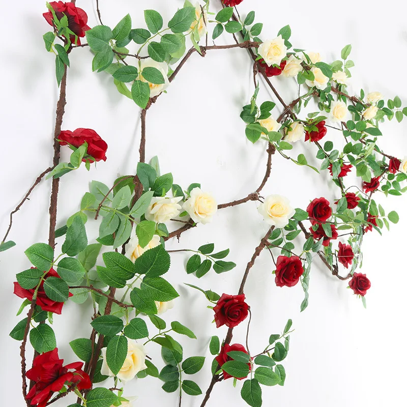 Wholesale cheap close nature plastic silk home outdoor garden wall decorative cherry blossom rose flowers vine artificial plants