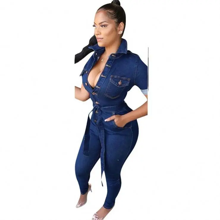 
10240NA Latest Design Turn-down Collar Solid Color Button Up Mujer Jeans Women Trendy Style Sexy Women Jumpsuit 