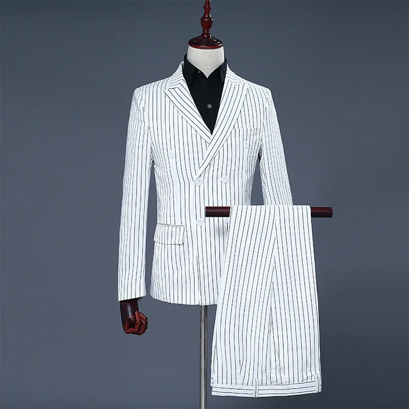 2024 Factory Price Custom Men Suits Gentleman Casual business suits plus size Tailor Made 2 Piece Mens White Stripe Men Suit