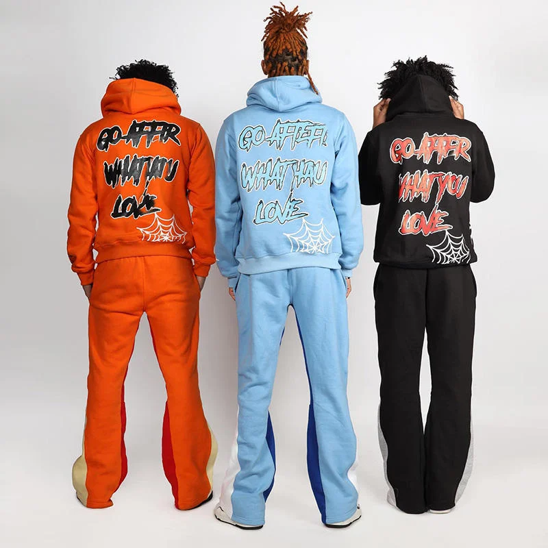 Custom Logo Unisex Tracksuit Sportswear for Mens Sweatsuits Crop Top Flared Sweatpants And Hoodie Set