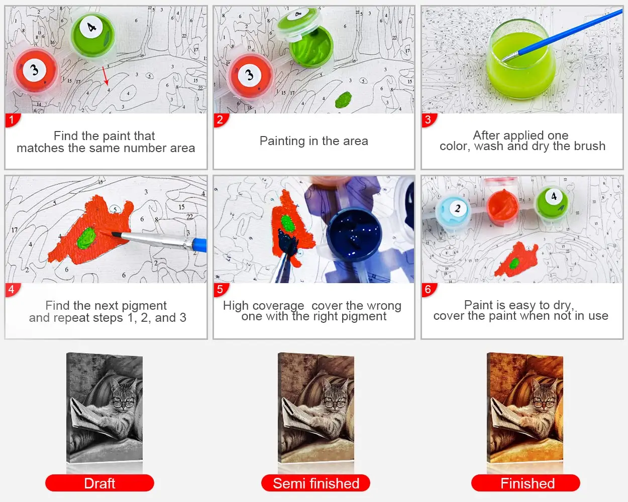 Custom Design DIY Painting By Numbers For Adults Kids Cat 16x20 inch Animal Oil Painting Kits With Canvas Paint Brush Wall Decor