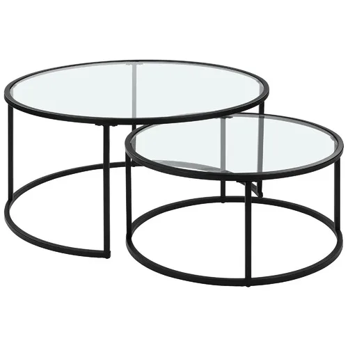 Contemporary Living Room Metal Structure Glass Top Double Round Combination Coffee Table