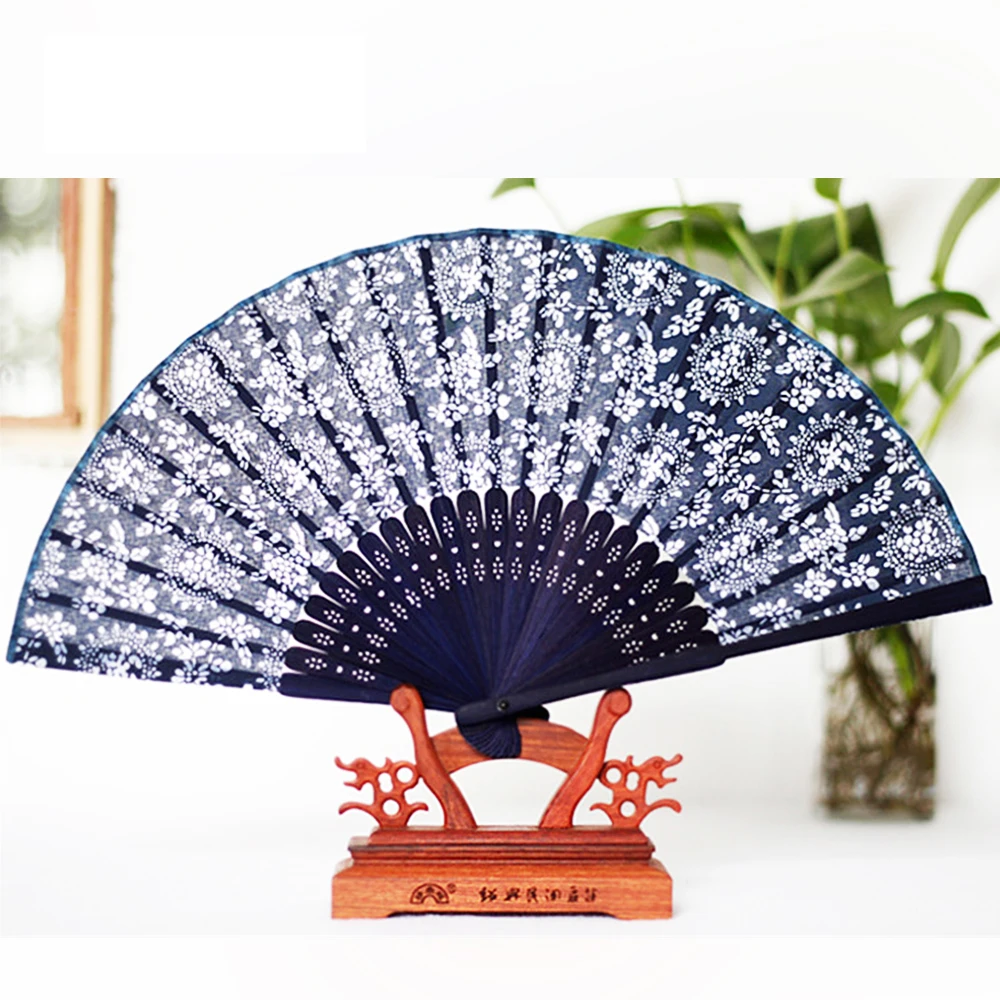 Orchid Printed Silk Bamboo Ribs Folding Hand Fan Dark Blue