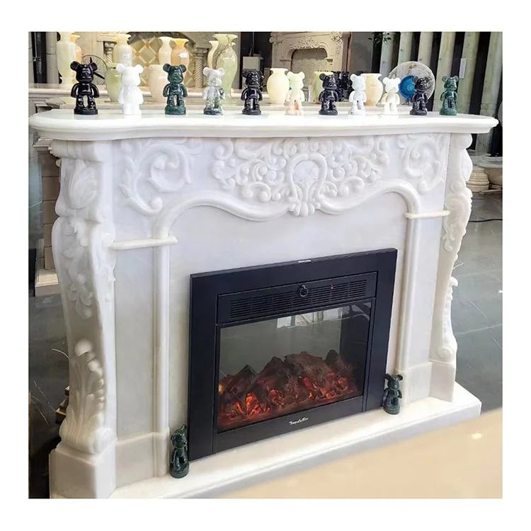 Carved white onyx marble stone fireplace mantle surround with electric fireplace