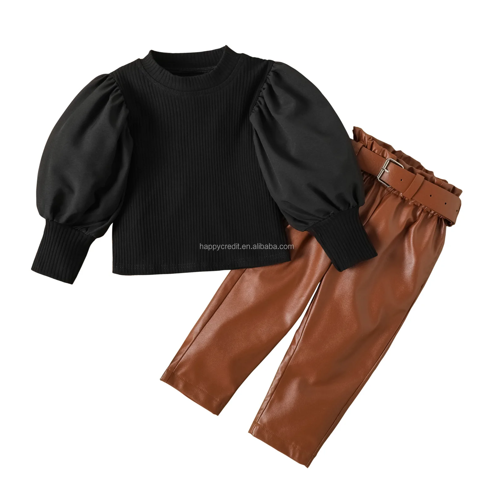 High street lantern sleeve top wear and PU leather pants two piece junior girls clothing sets