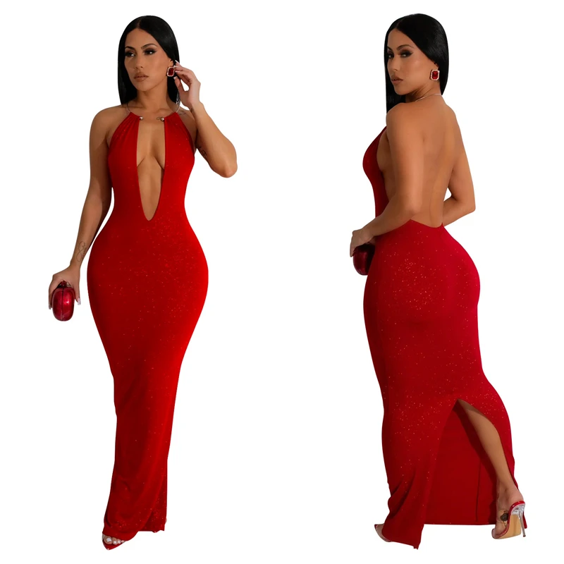 2024 chic red women stretch sexy party prom steel rolls halter neck floor length evening gown dress elegant plus size ball gown