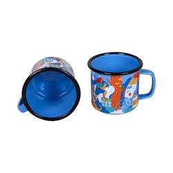 Customized Printing 8cm Enamel Mug Blue Enamel Camping Mug with Full Wrap Printing Custom Printed Enamel Coffee Mug