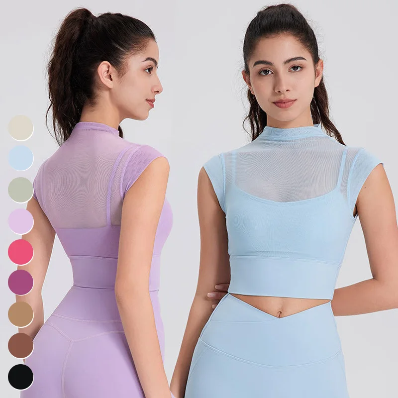 Quick Dry Running Workout T-shirt Sexy Mesh Woman Clothing Short Sleeve Fitness Shirt Yoga Crop Top For Women With Fixed Padded