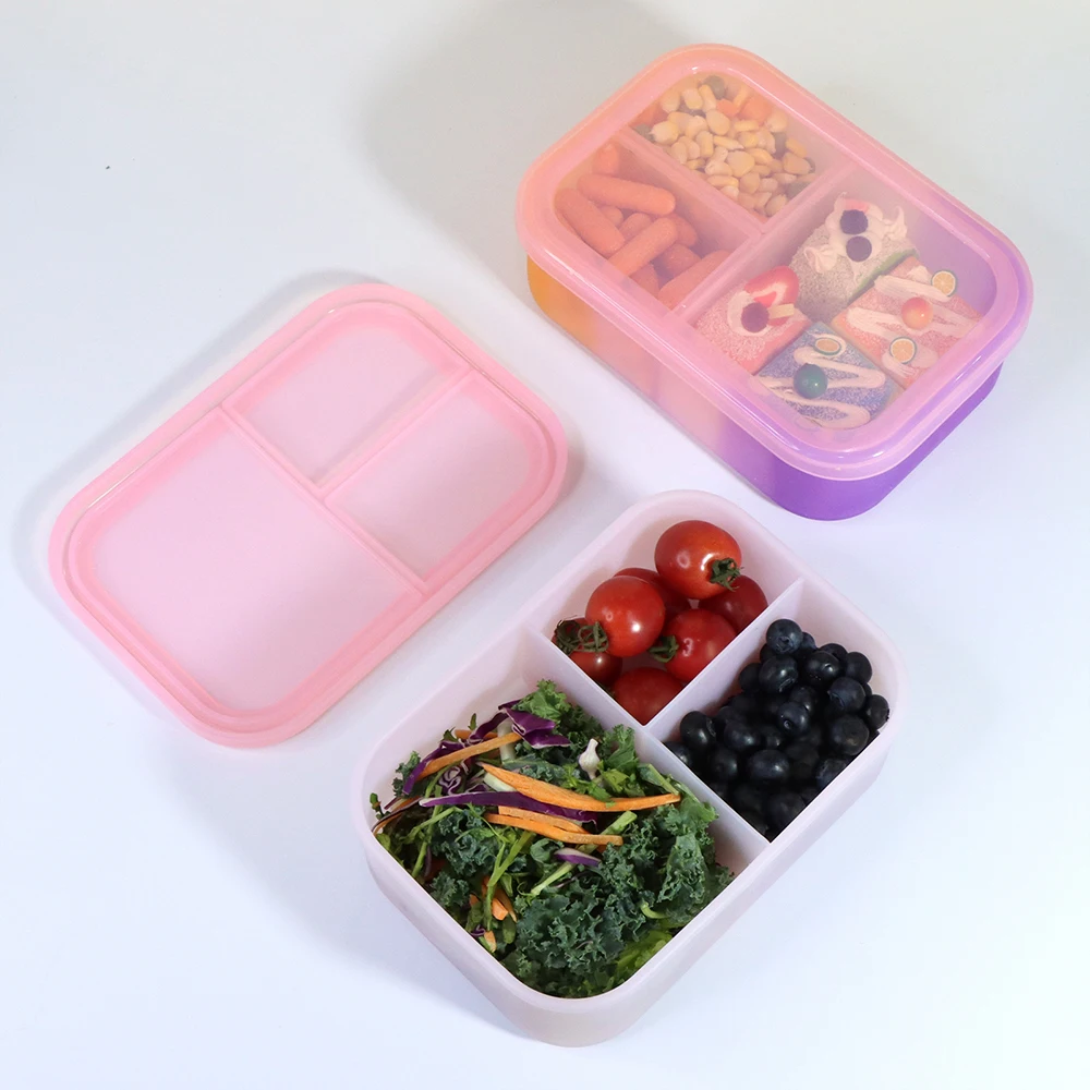 Factory Leakproof Foldable 3 Compartment Kid Snack Fruit Pack Silicone Food Storage Container Bento Lunch Box