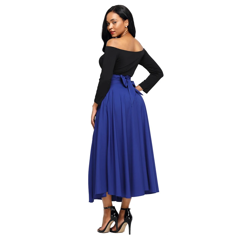 Wholesale Women Blue Retro High Waist Pleated Belted Maxi Skirt