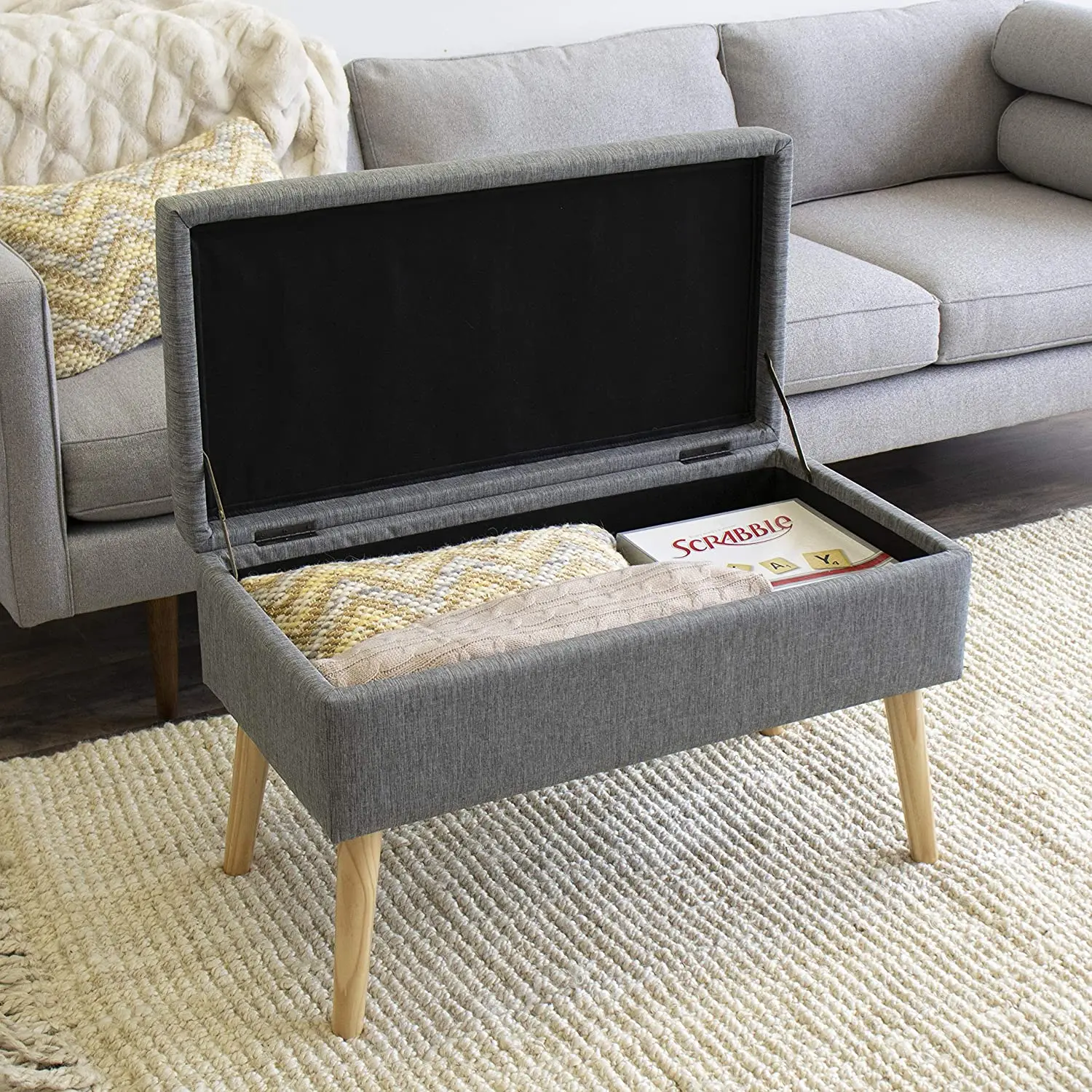 Home Living Room Furniture Custom Designer Grey Fabric Bench Storage Stool Ottoman Long Storage Bench