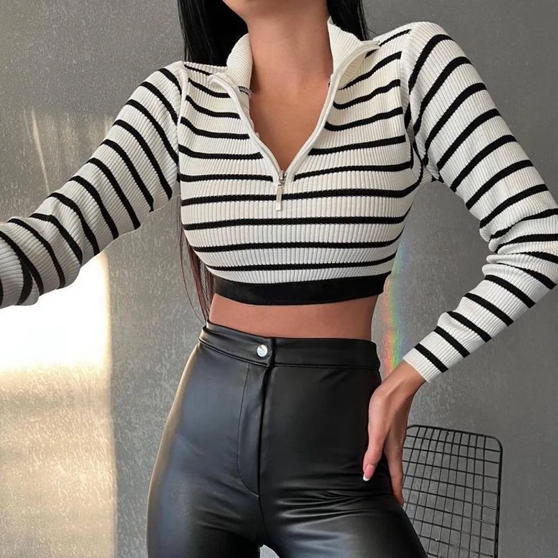 Women Knitted Sweaters Striped Jumper Fall Winter 2023 Long Sleeve Pullover Casual Half Zipper Turn Down Collar Knit Streetwear